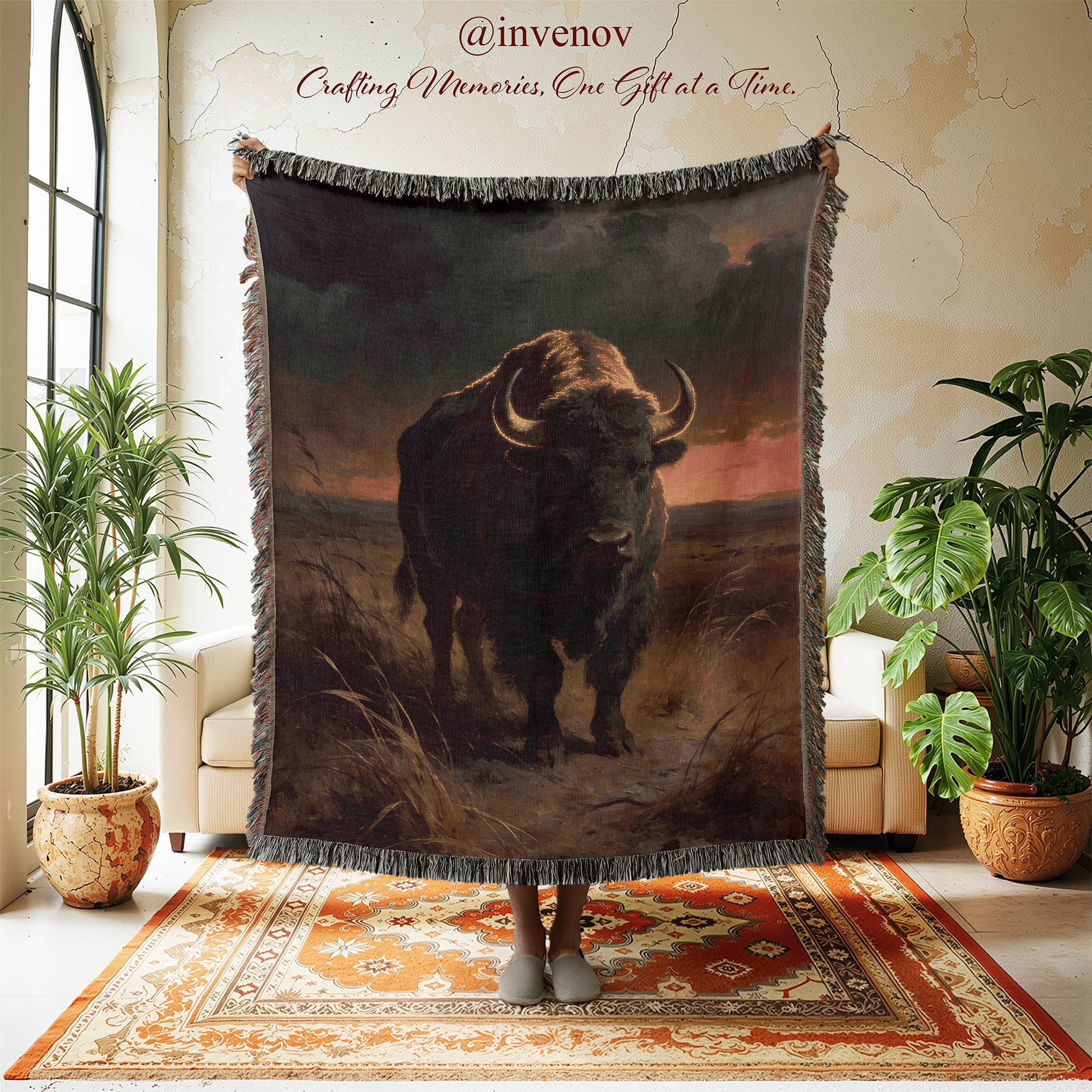 Person holding a tapestry with a bison design in a room with plants and a rug.