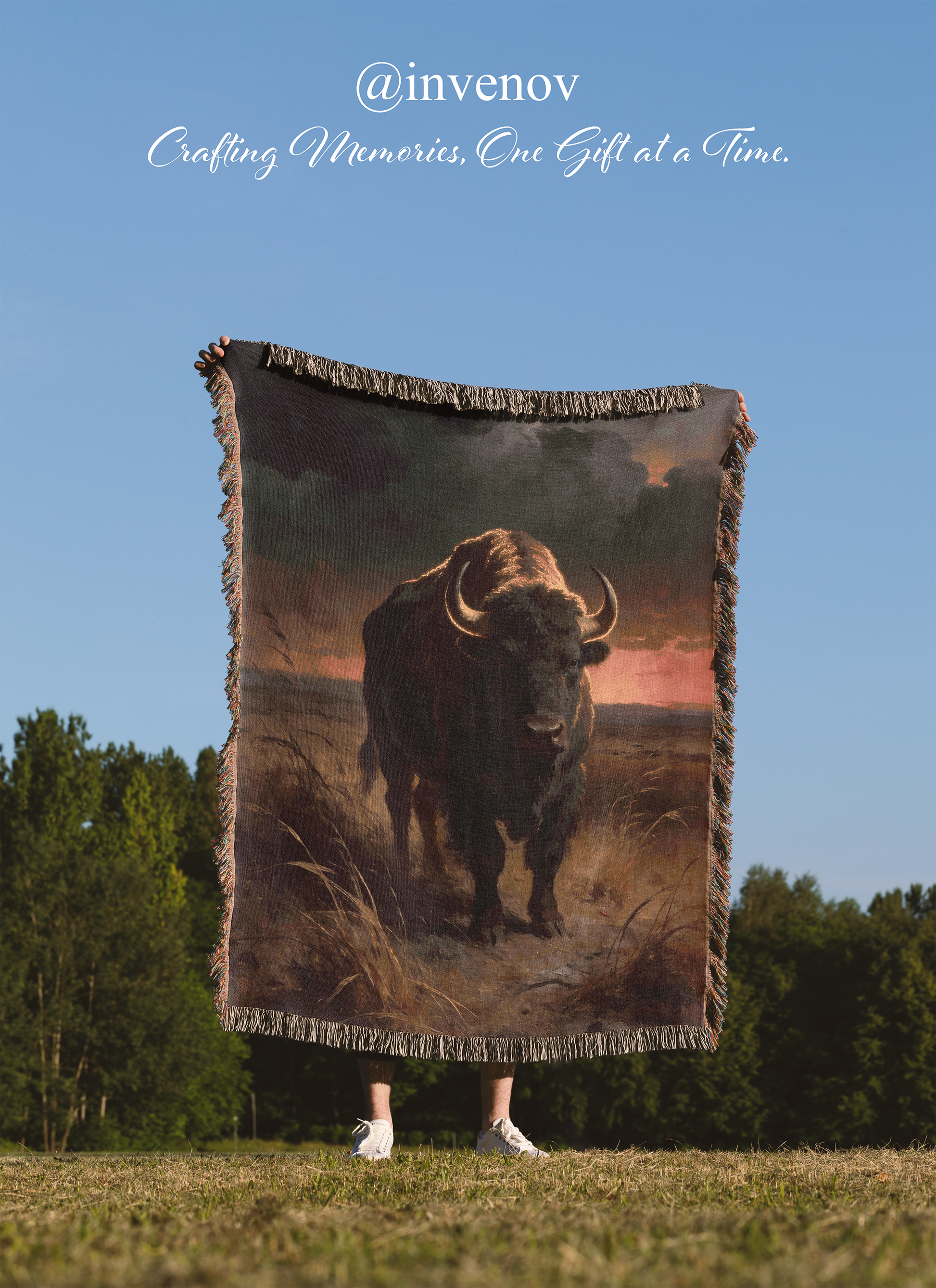 Blanket with a bull design held by a person outdoors