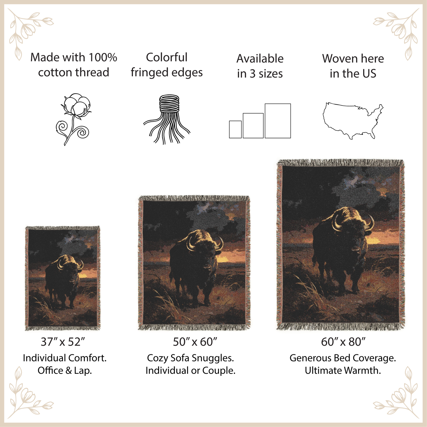 Woven blanket with buffalo design, featuring size options and product details.