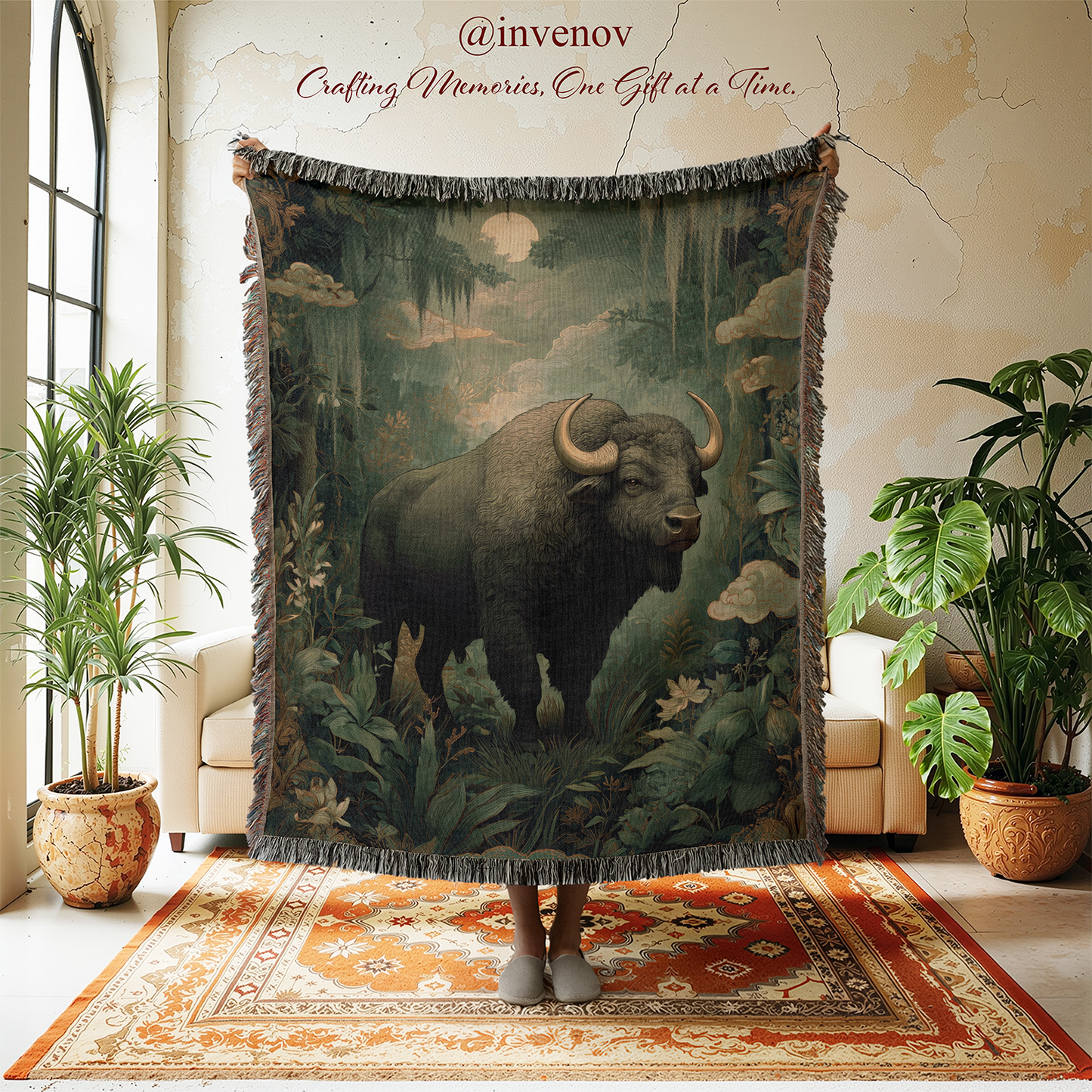 Woven blanket with a buffalo design in a room with plants and furniture.