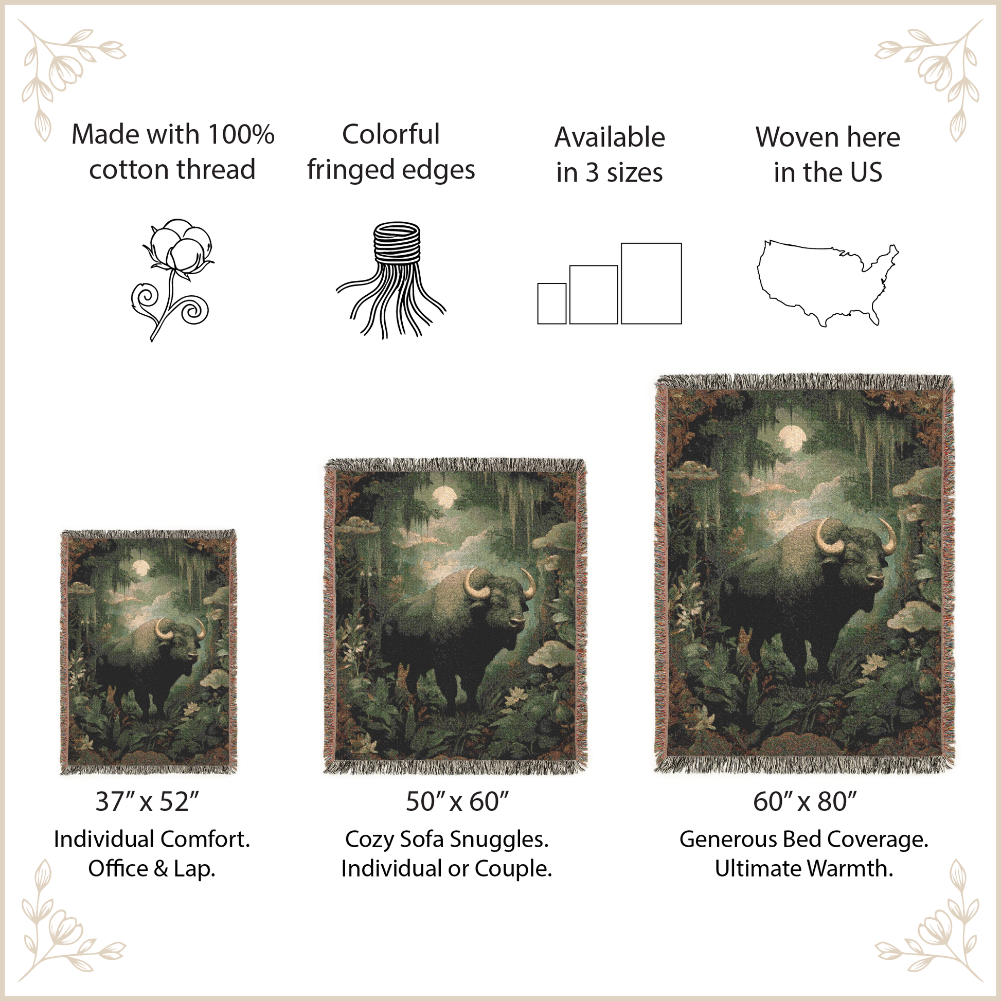 Three sizes of a nature-themed tapestry with a buffalo design, featuring text about product details.
