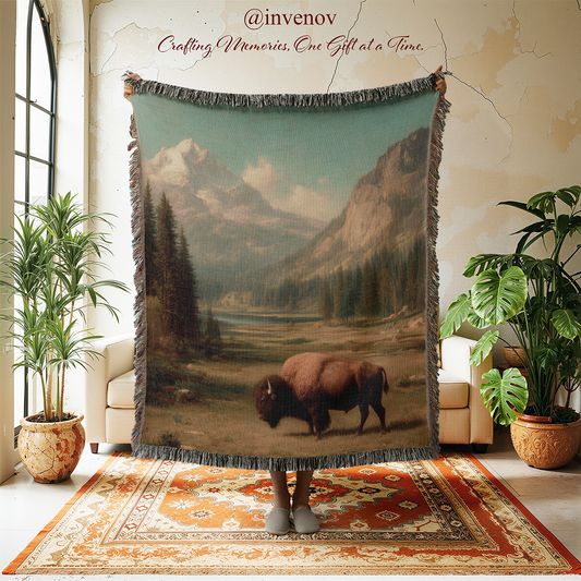 Throw blanket with a mountain and bison design in a room with plants and furniture.