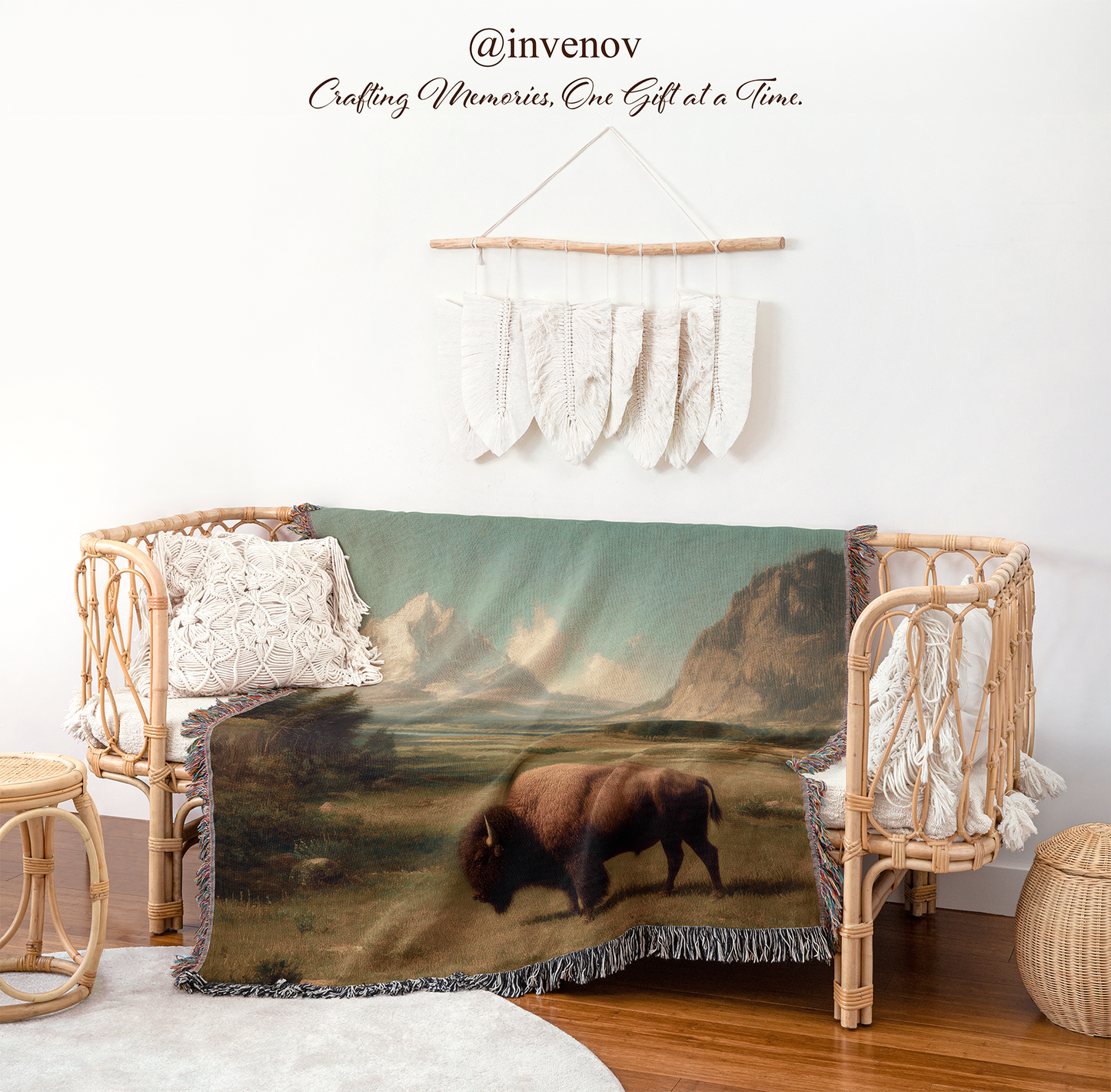 Woven blanket with bison design