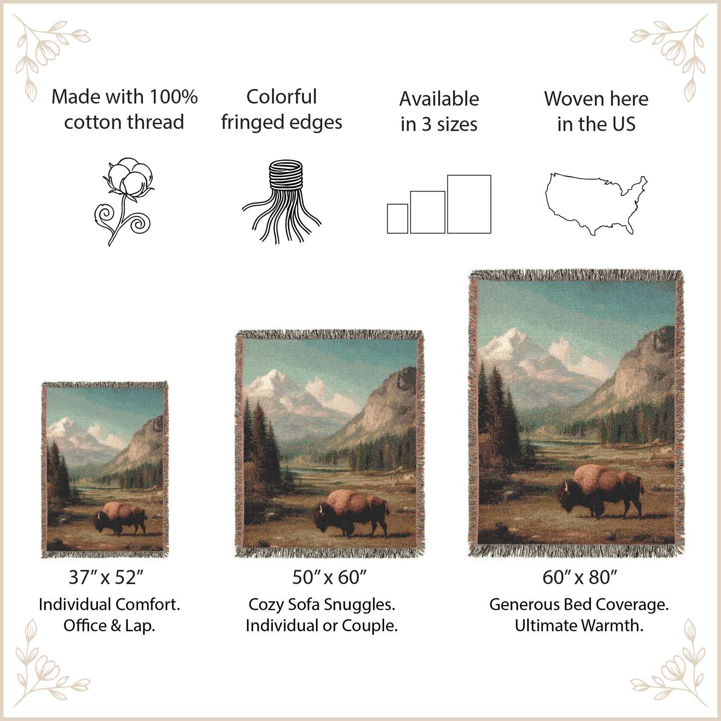 Woven blanket with bison design with size options and festures