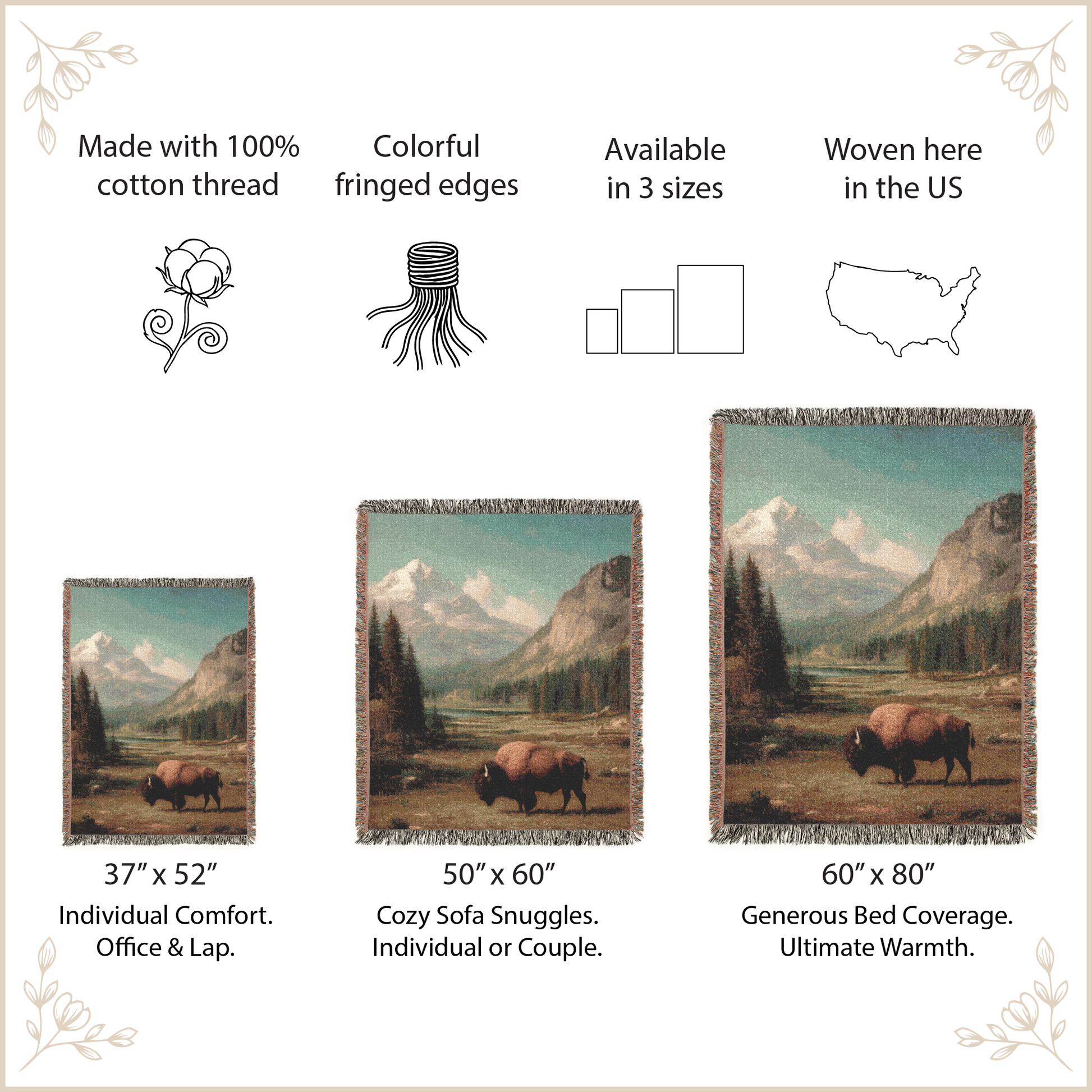 Woven blanket with bison design with size options and festures