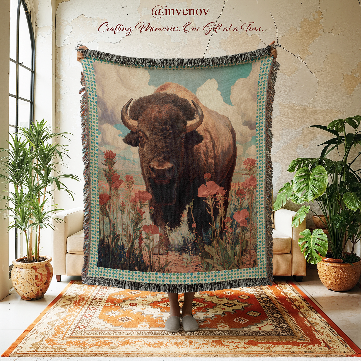 Woven blanket with a bison design in a room with plants and furniture.