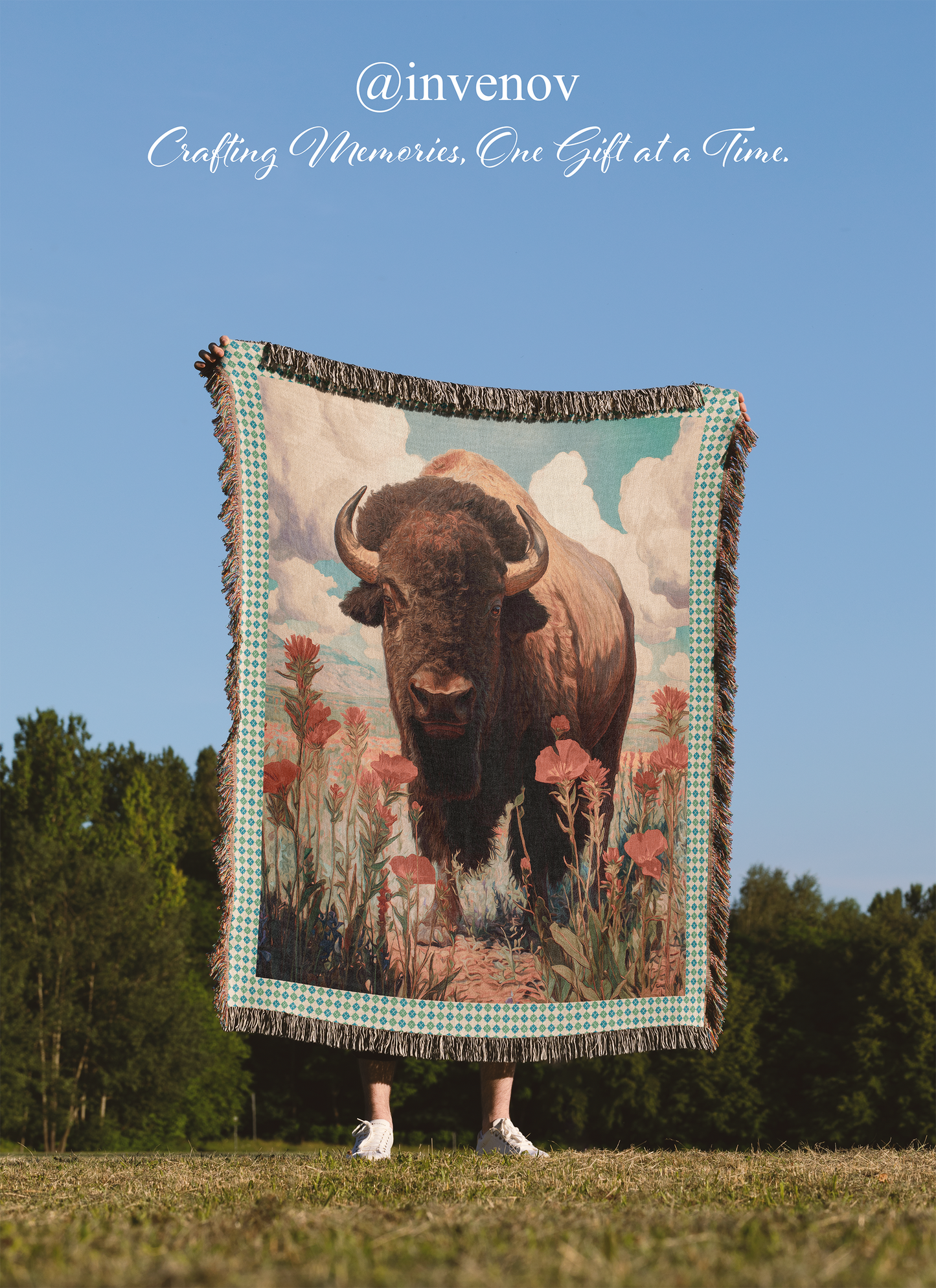 Person holding a blanket with a bison design outdoors