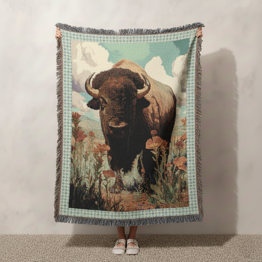Buffalo Woven Blanket, Bison Throw Blanket, Boho Floral Blanket, Rustic Wildlife Tapestry, Cozy Farmhouse Decor, Nature Lover Gift
