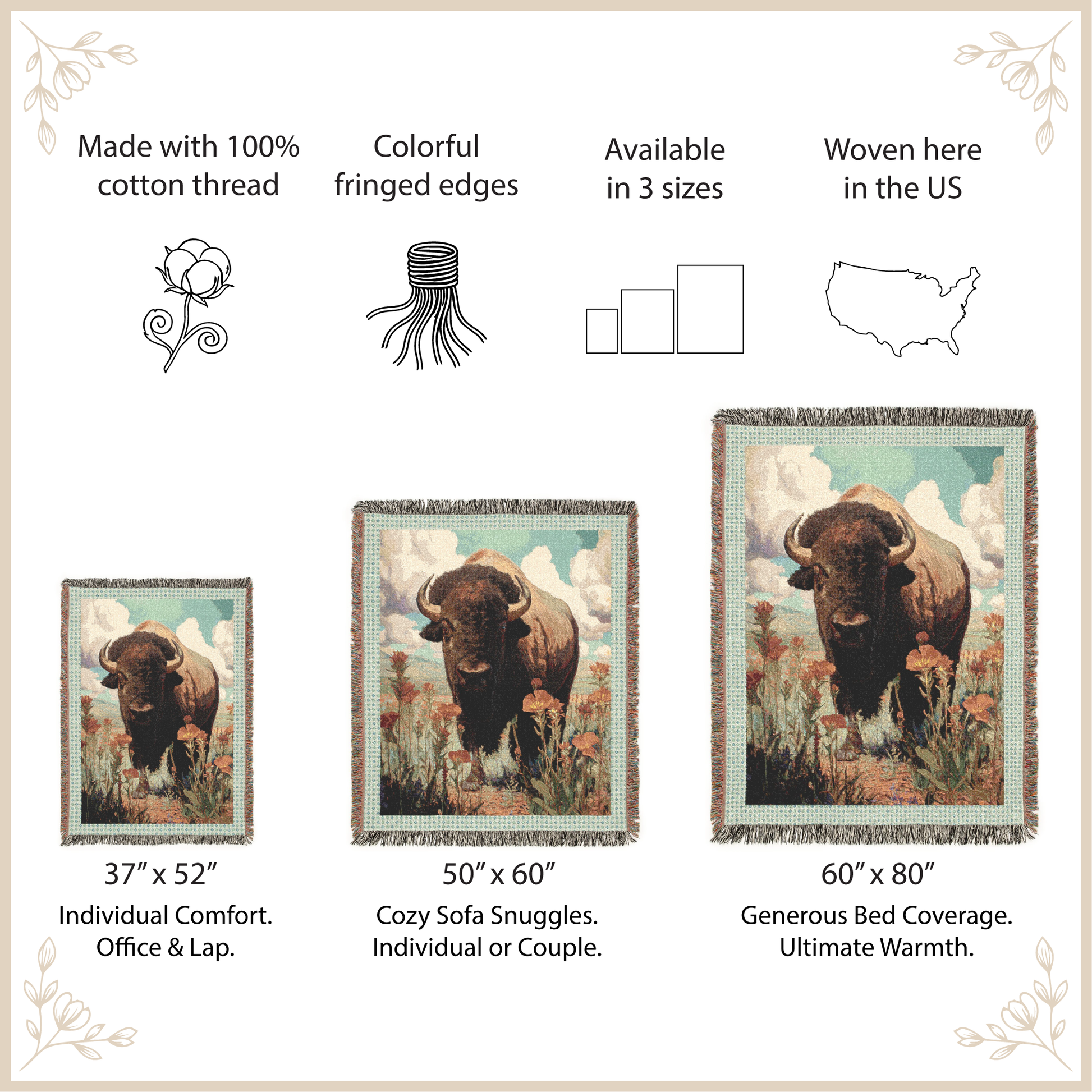 Bison-themed woven blanket with size options and features on a beige background