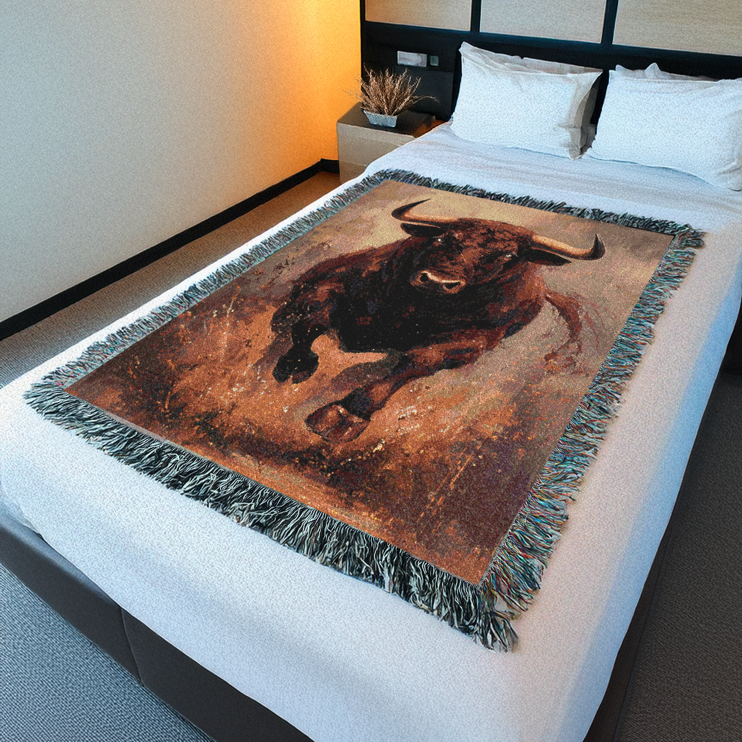 Bull Woven Blanket, Southwest Tapestry Throw, Charging Bull Sofa Bed Decor, Rustic Home Decor Gift, Western Wall Art, Wildlife Blanket