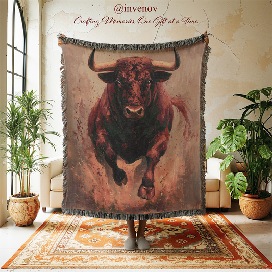 Charging Bull Woven Blanket, Western Cowboy Decor, Spanish Matador Art, Taurus Zodiac Gift, Man Cave Throw, Rustic Farmhouse Tapestry