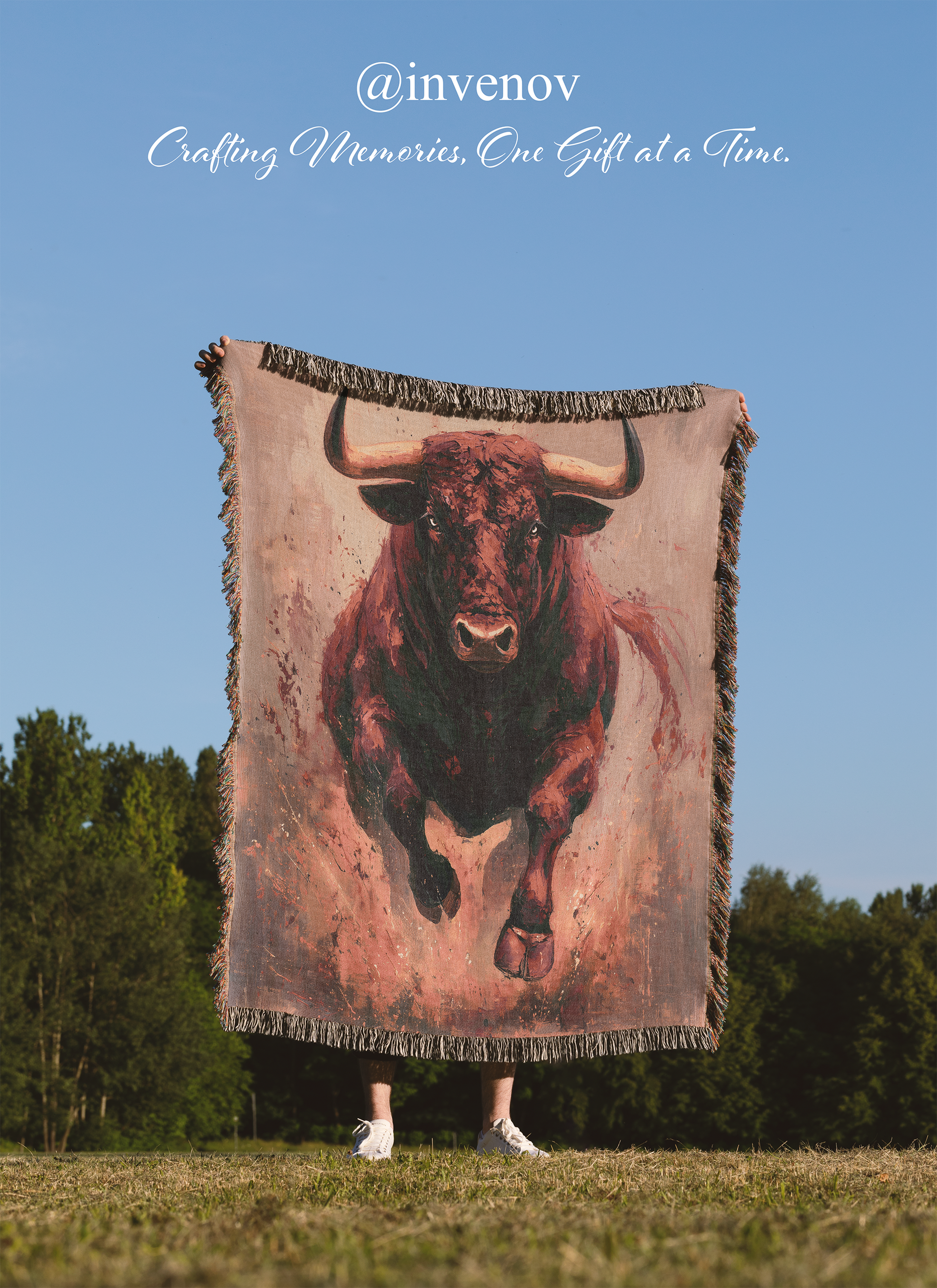 Person holding a blanket with a bull design outdoors