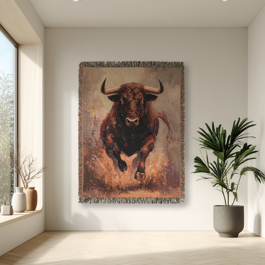 Bull Woven Blanket, Southwest Tapestry Throw, Charging Bull Sofa Bed Decor, Rustic Home Decor Gift, Western Wall Art, Wildlife Blanket