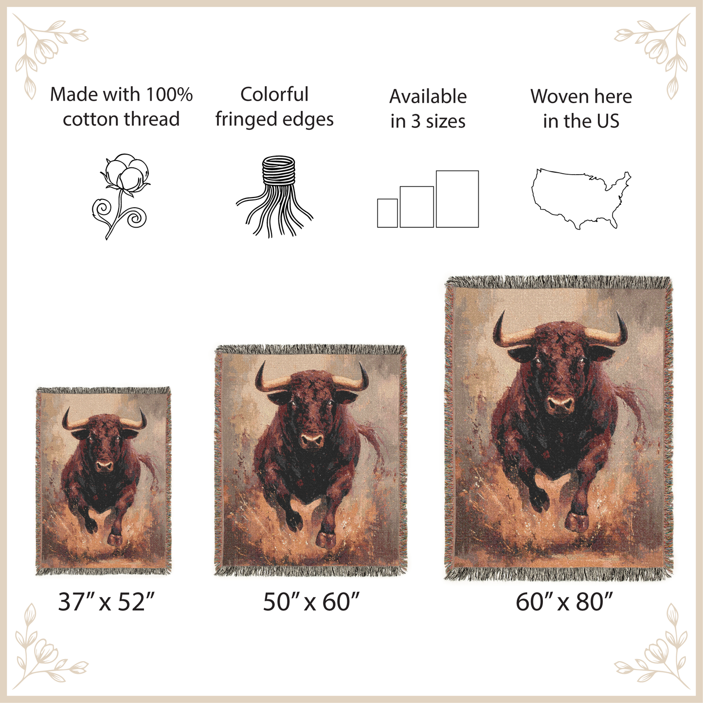 Bull-themed woven blanket with fringed edges, available in three sizes, made with 100% cotton thread.