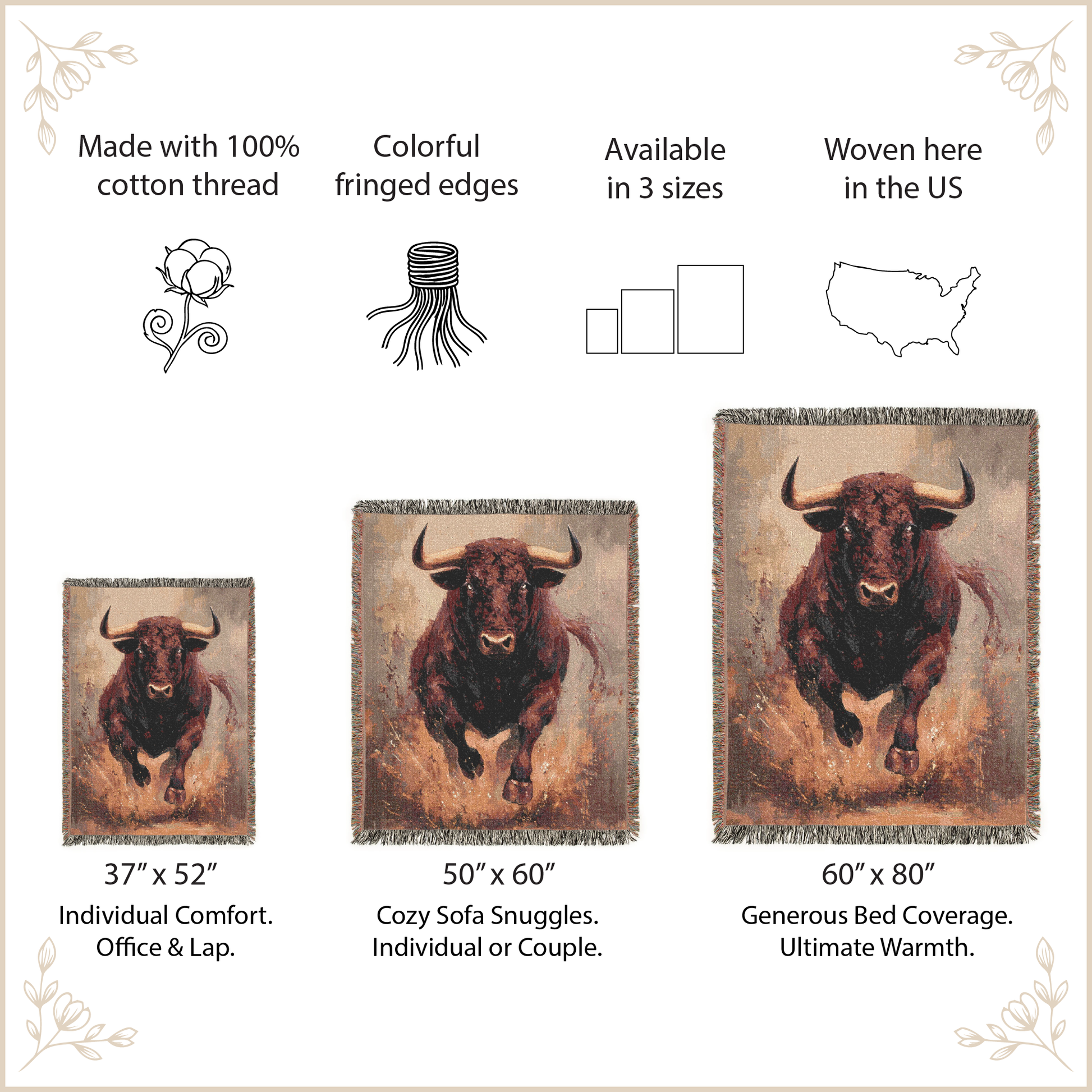 Bull-themed woven blanket with size options and features on a beige background