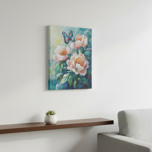 Floral painting with a butterfly on a wall above a wooden shelf and chair.