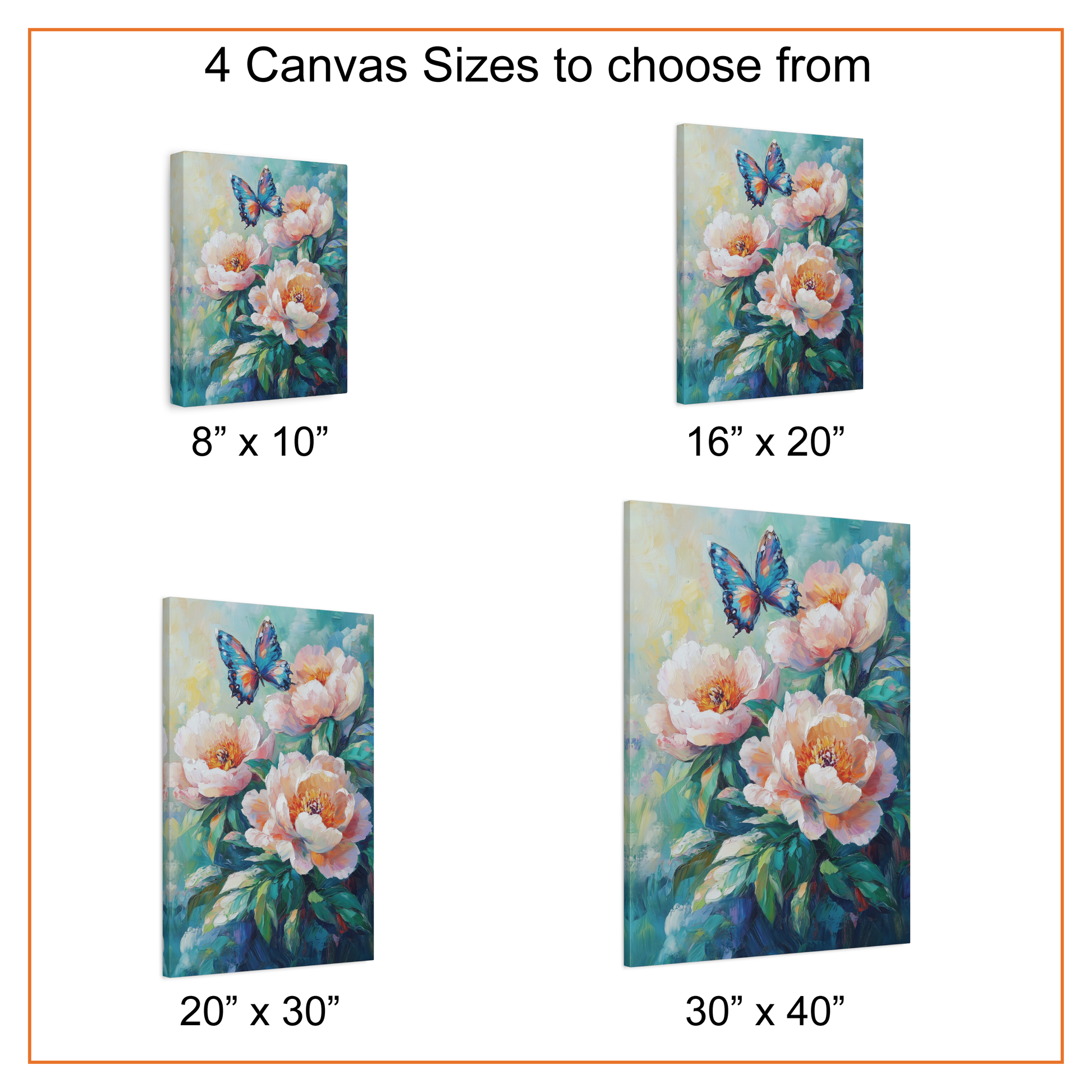 Canvas prints of floral designs with butterfly elements in various sizes.
