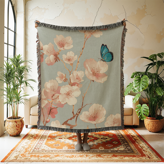 Decorative throw blanket with floral design and butterfly hanging on a wall in a room with plants and furniture.