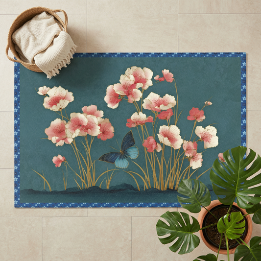 Floral rug with pink flowers and a blue butterfly on a teal background, placed on a tiled floor.