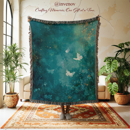 Teal butterfly-patterned throw blanket displayed in a room with plants and furniture.