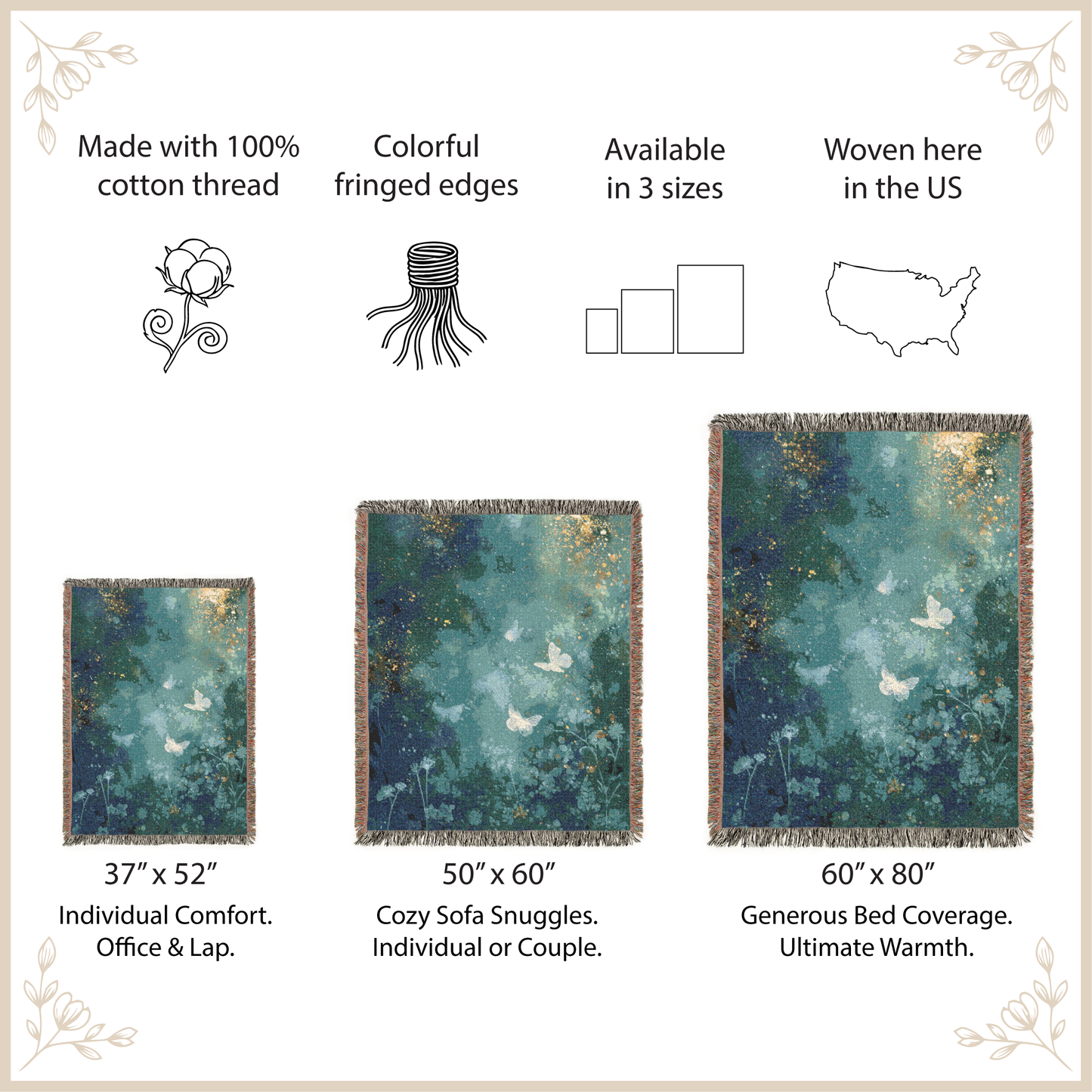 Teal woven blanket with butterfly design, size options, and product details on a beige background.