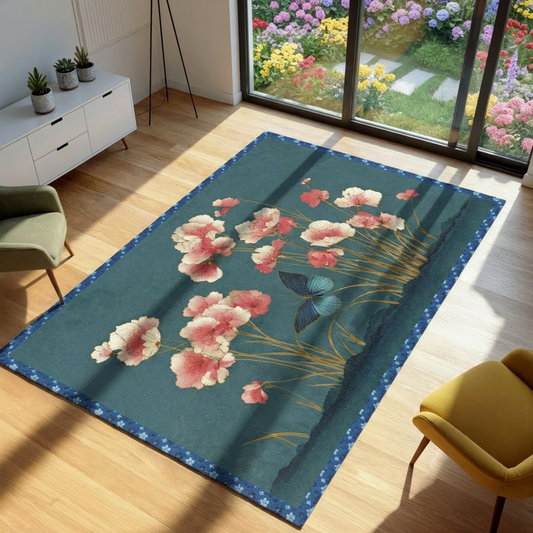 Butterfly and Pink Flower Area Rug, Teal Botanical Carpet, Japanese Style Floral Floor Mat, Boho Living Room Decor, Aesthetic Bedroom Rug