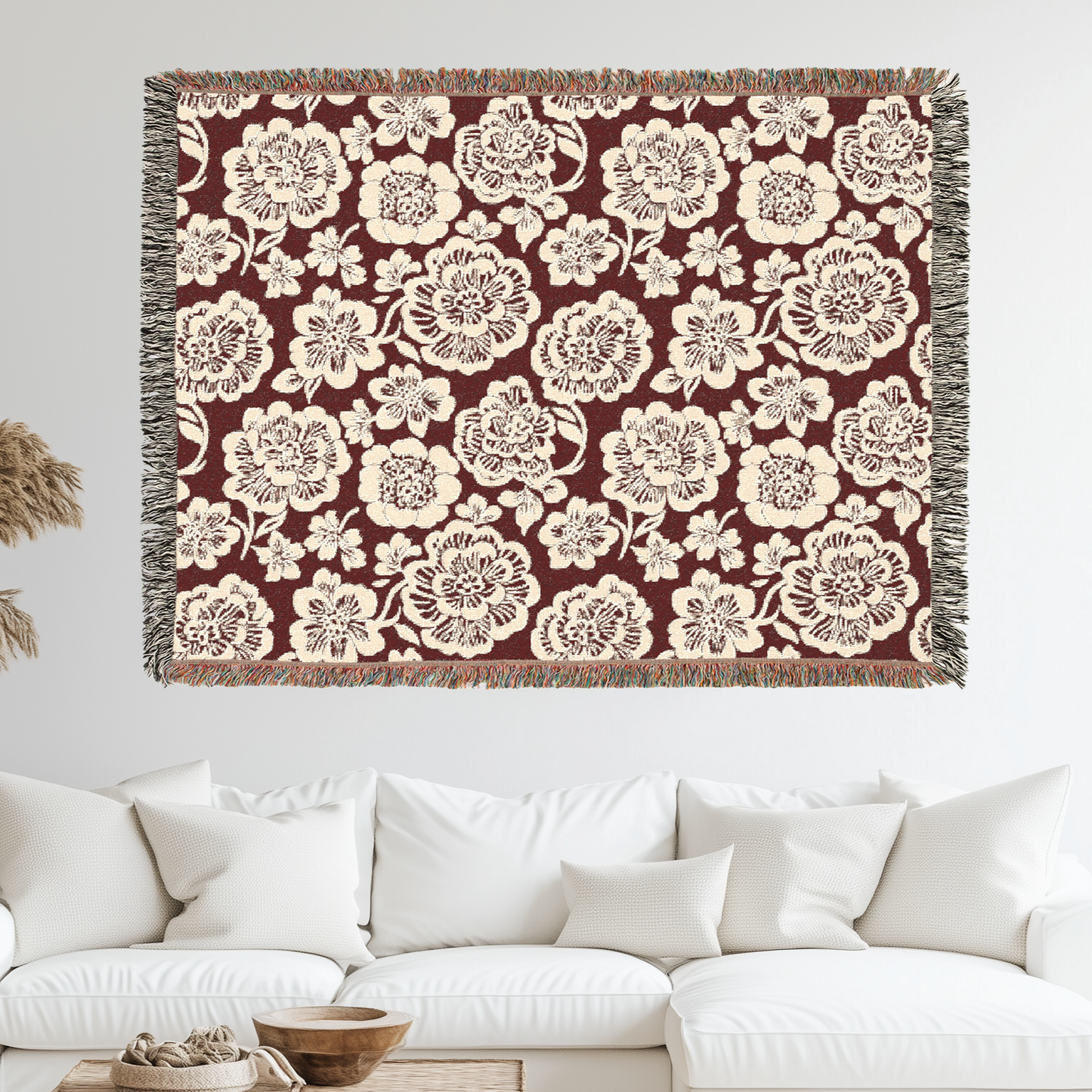 Woven Blanket - Red Floral Home Decor, Chinese New Year Prosperity Throw, Cream Traditional Tones Bedding, Warmth Elegance Living Space