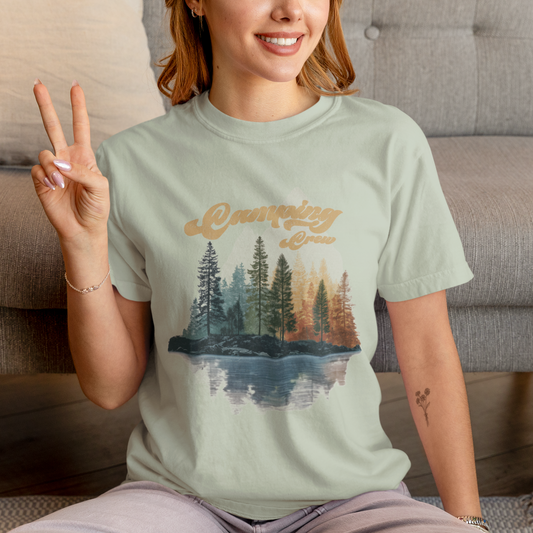 Comfort Colors Camping Crew Shirt, Forest Landscape Tee, Outdoor Adventure Shirt, Nature Lover Gift, Vintage Style Outdoor Hiking Top