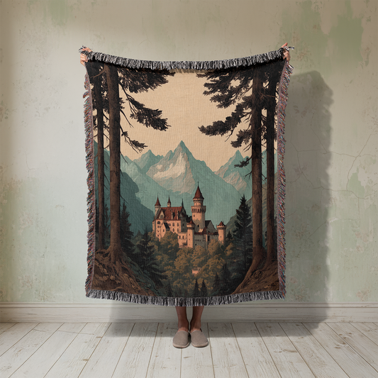 Castle Woven Blanket, Dark Academia Tapestry, Vintage Fairytale Landscape Jacquard Throw, Royalcore Neuschwanstein Wall Hanging Decor