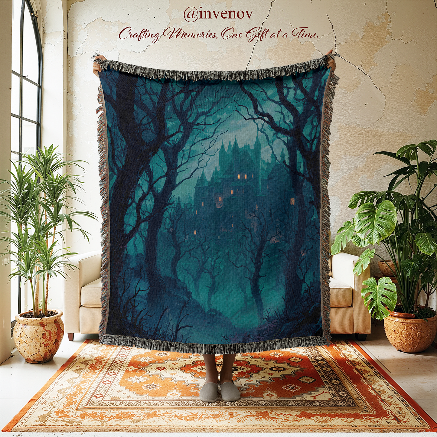 Person holding a large blanket with a forest and castle design