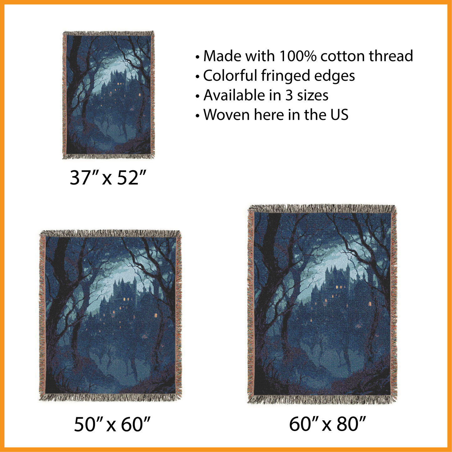 Woven blanket with castle design, showing different sizes and features.