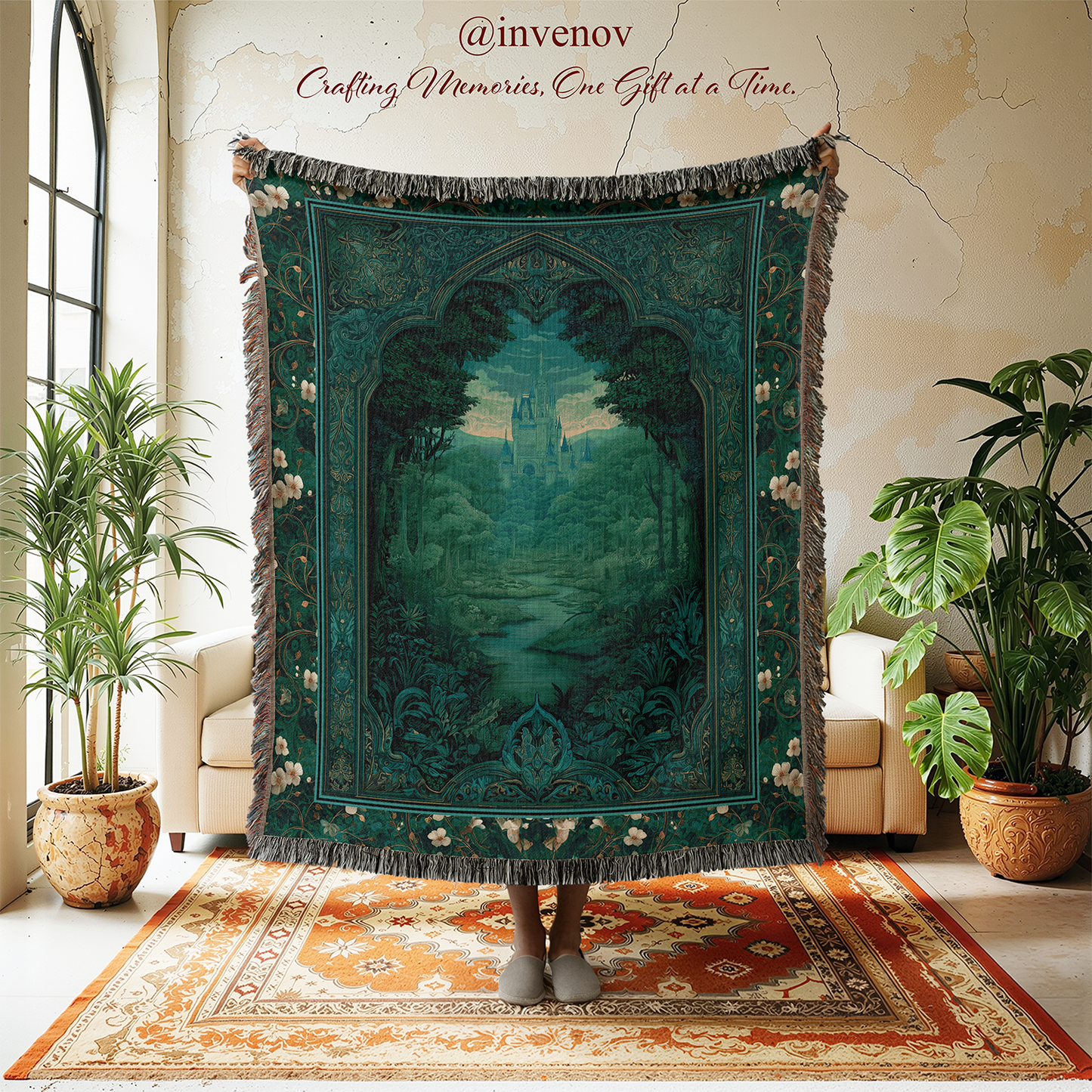 Decorative green tapestry with intricate design in a room with plants and furniture.