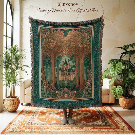Decorative tapestry with a castle design in a room with plants and furniture.