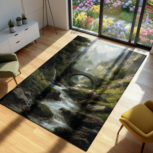 Fantasy Castle Landscape Area Rug, Enchanted Forest Stone Bridge River Rug, Dark Academia Cottagecore Living Room Bedroom Floor Rug