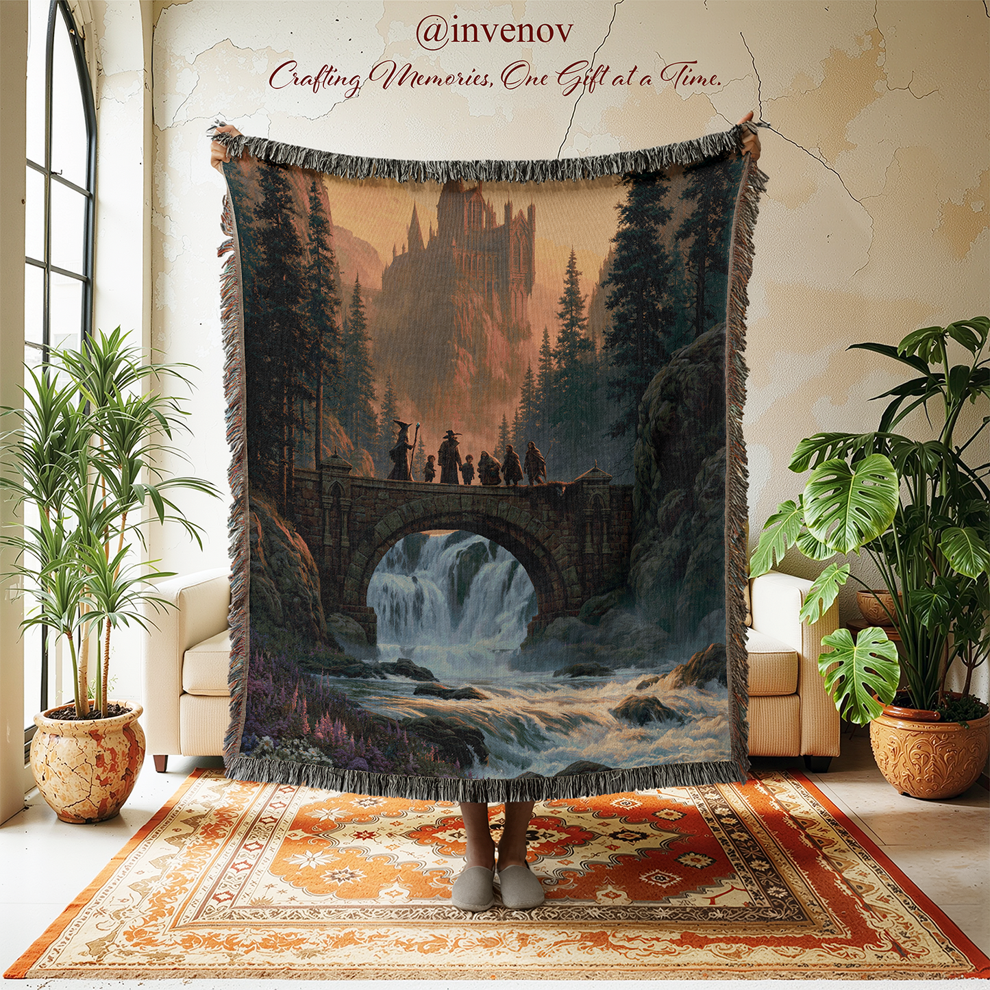Decorative tapestry with a castle and forest design in a room with plants and furniture.
