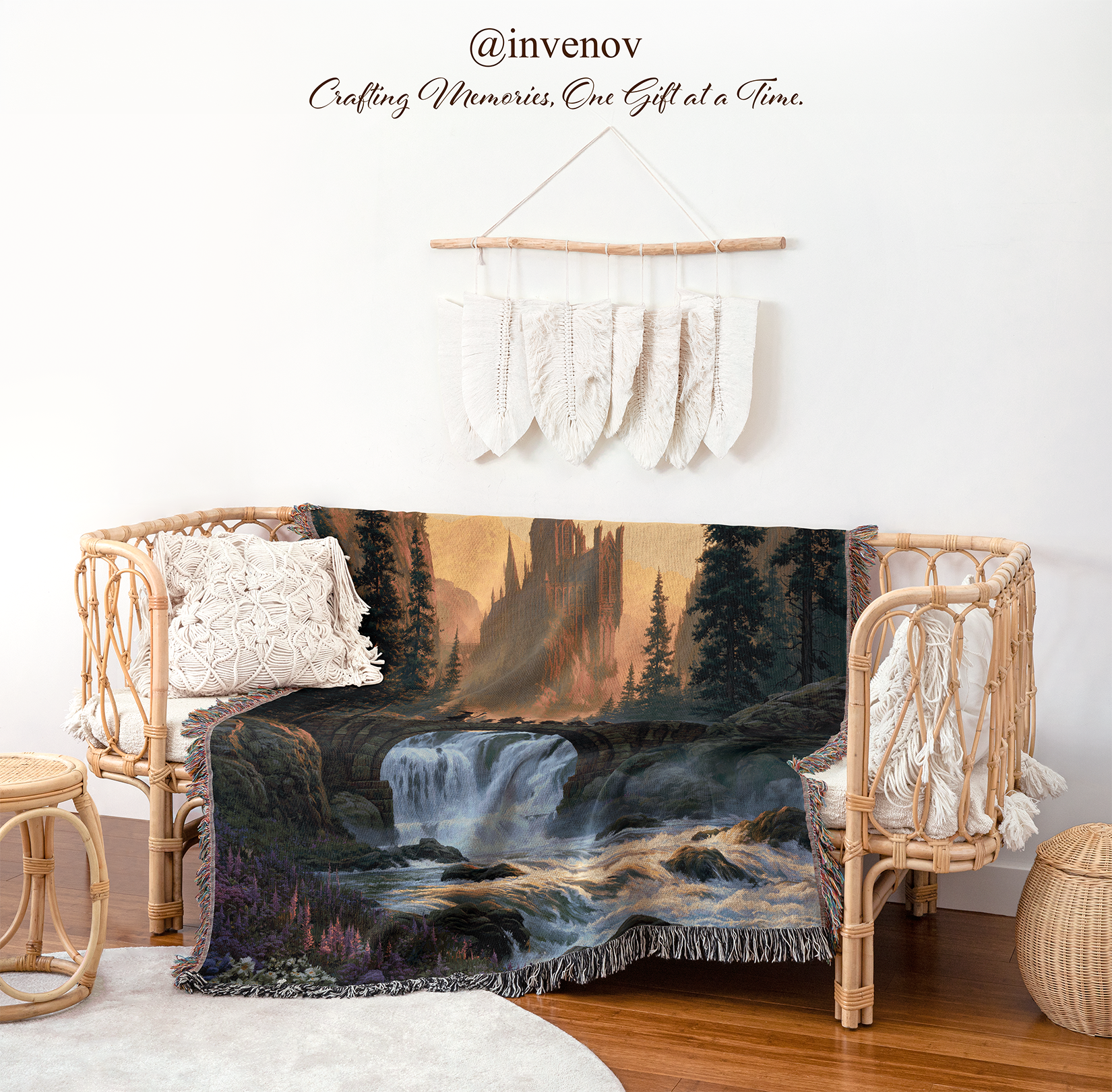 Decorative tapestry with a castle and forest design