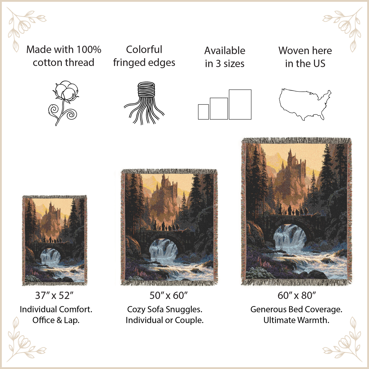 Woven blanket with scenic design, featuring size options and product details.
