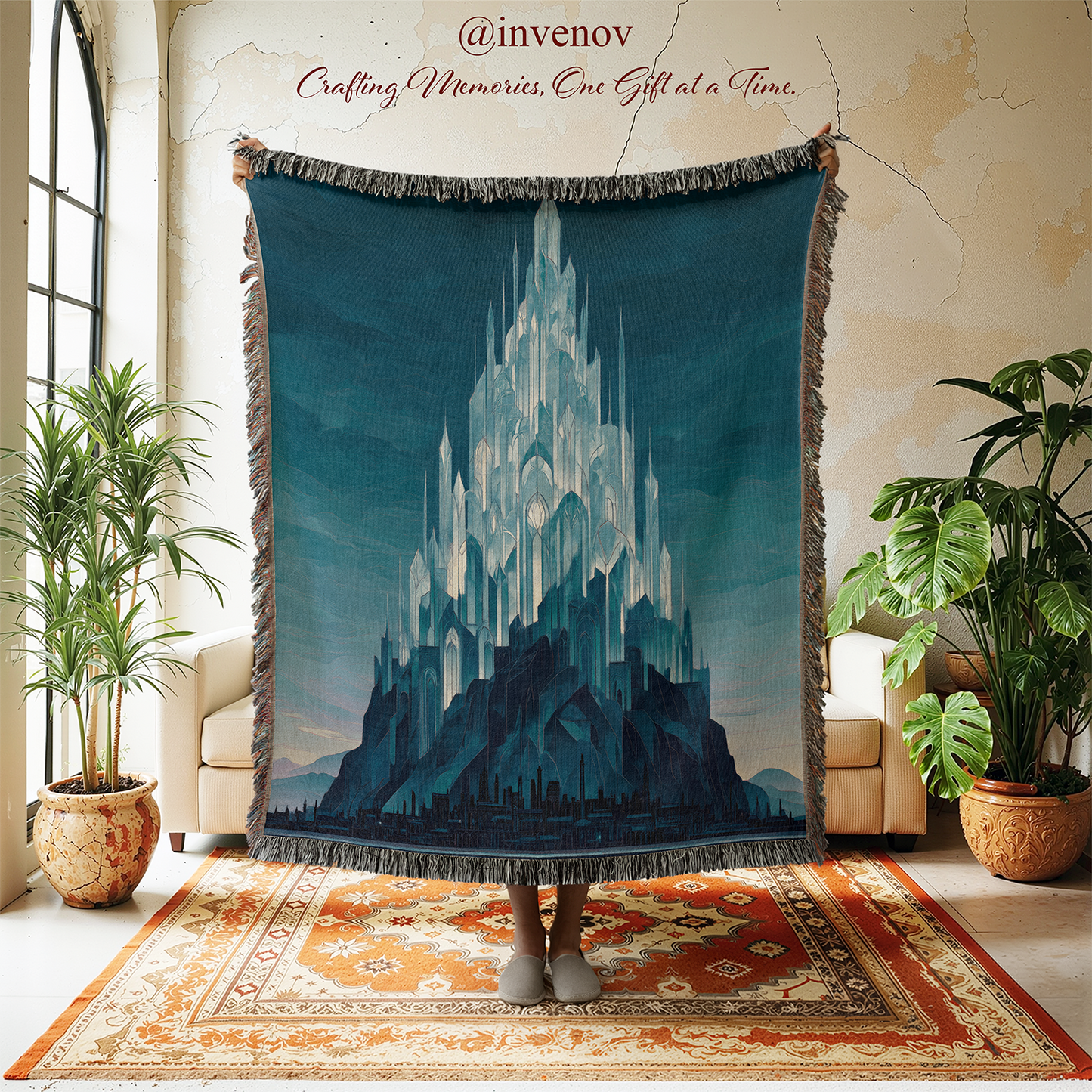 Woven blanket with castle design held by a person in a room with plants and a rug.