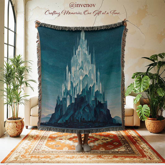 Woven blanket with castle design held by a person in a room with plants and a rug.