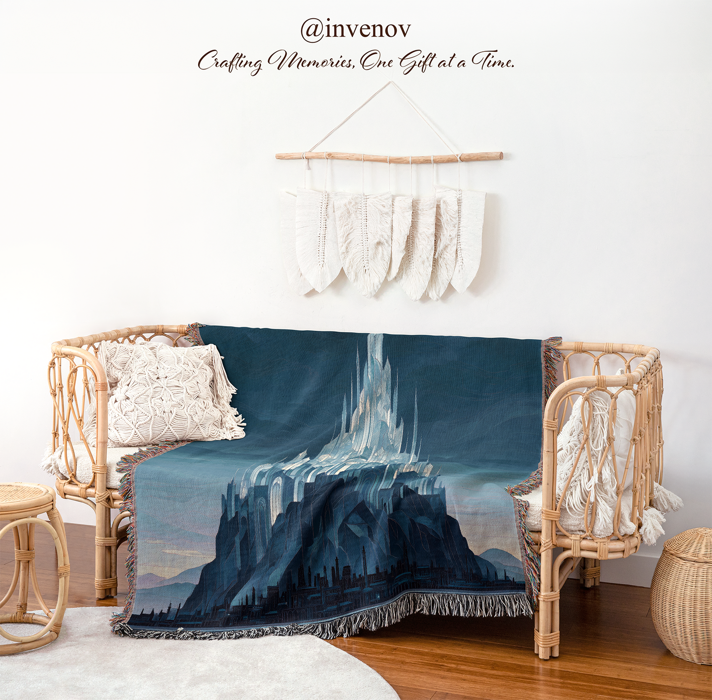 Blanket with castle design draped over a chair