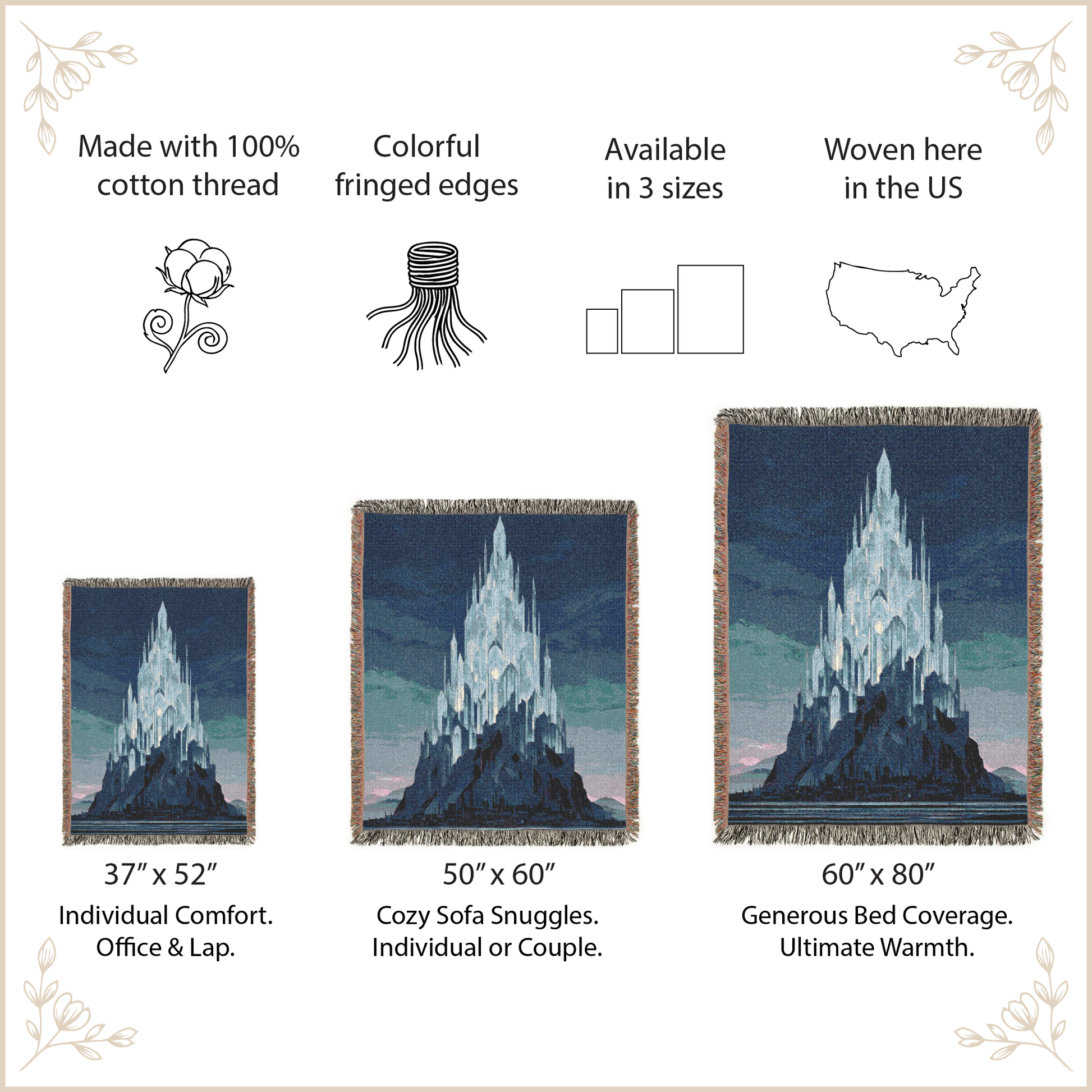 Woven blanket with mountain design, featuring size options and material details.