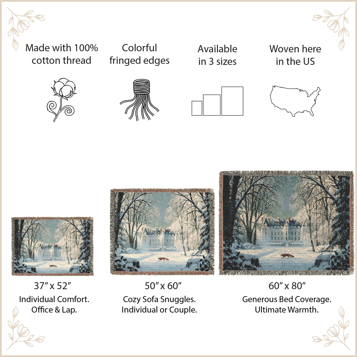 woven blanket with winter castle theme with size options and features
