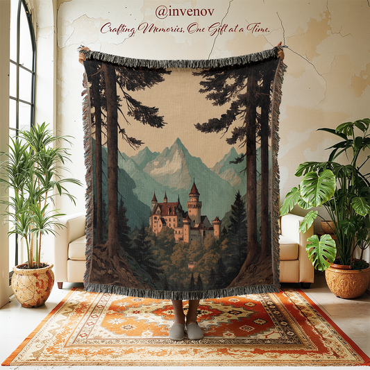 Woven blanket with a castle and forest design displayed in a room with plants and furniture.