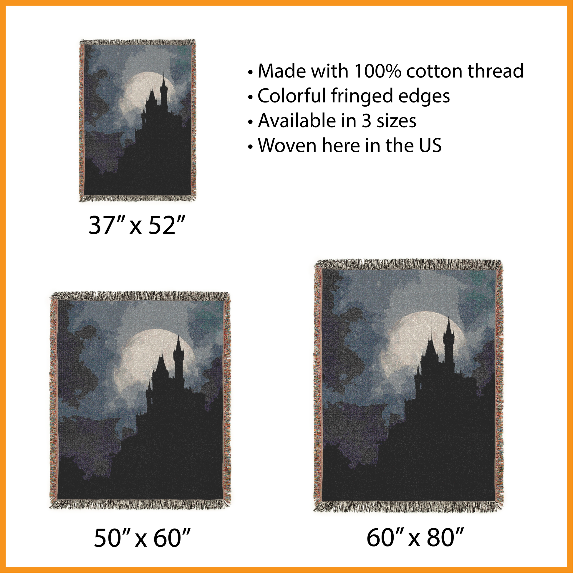 Woven blanket with castle design and size options on a white background