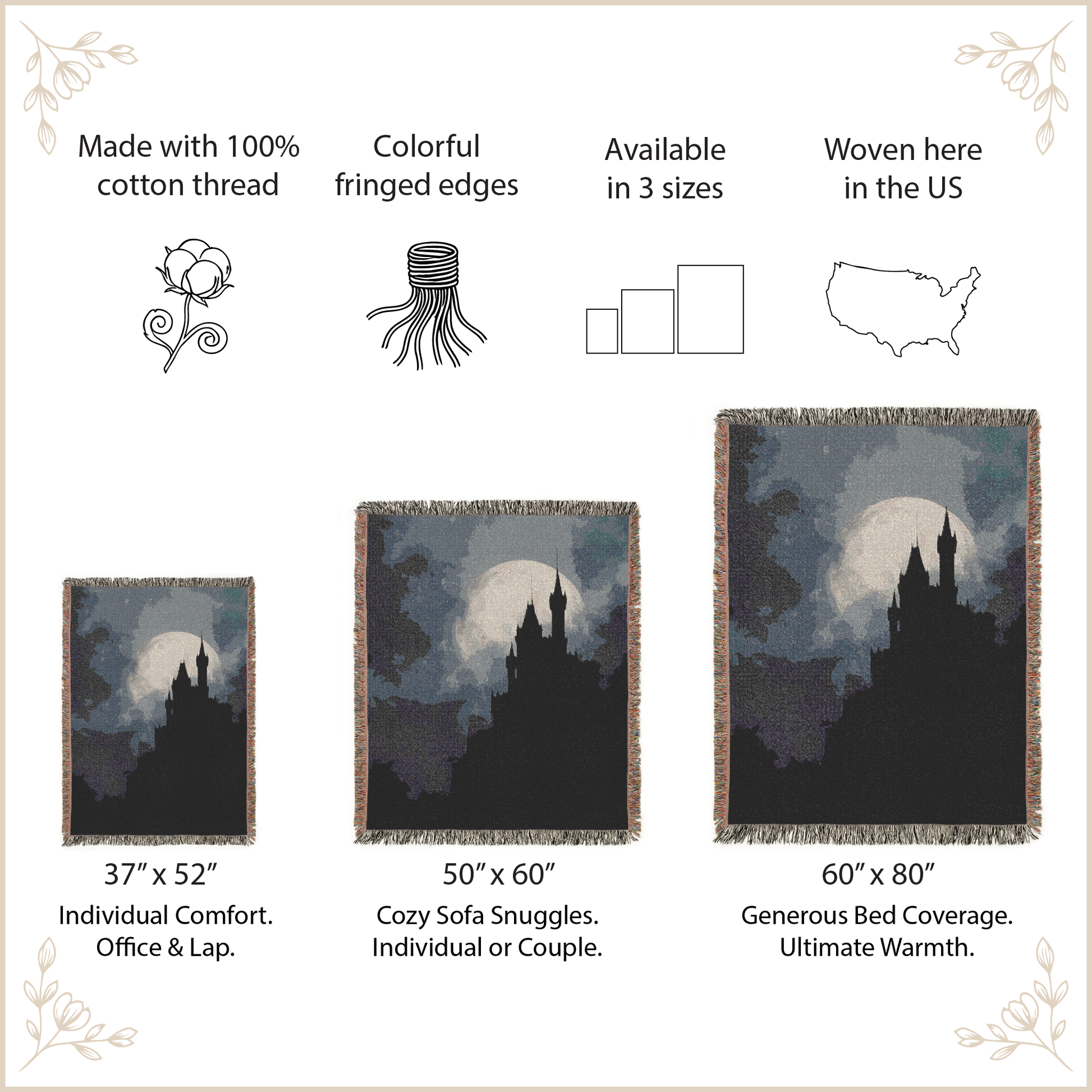 Woven blanket with castle design, size options, and features listed on a decorative background.