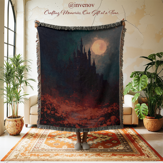 Woven blanket with castle design in a room with plants and furniture.