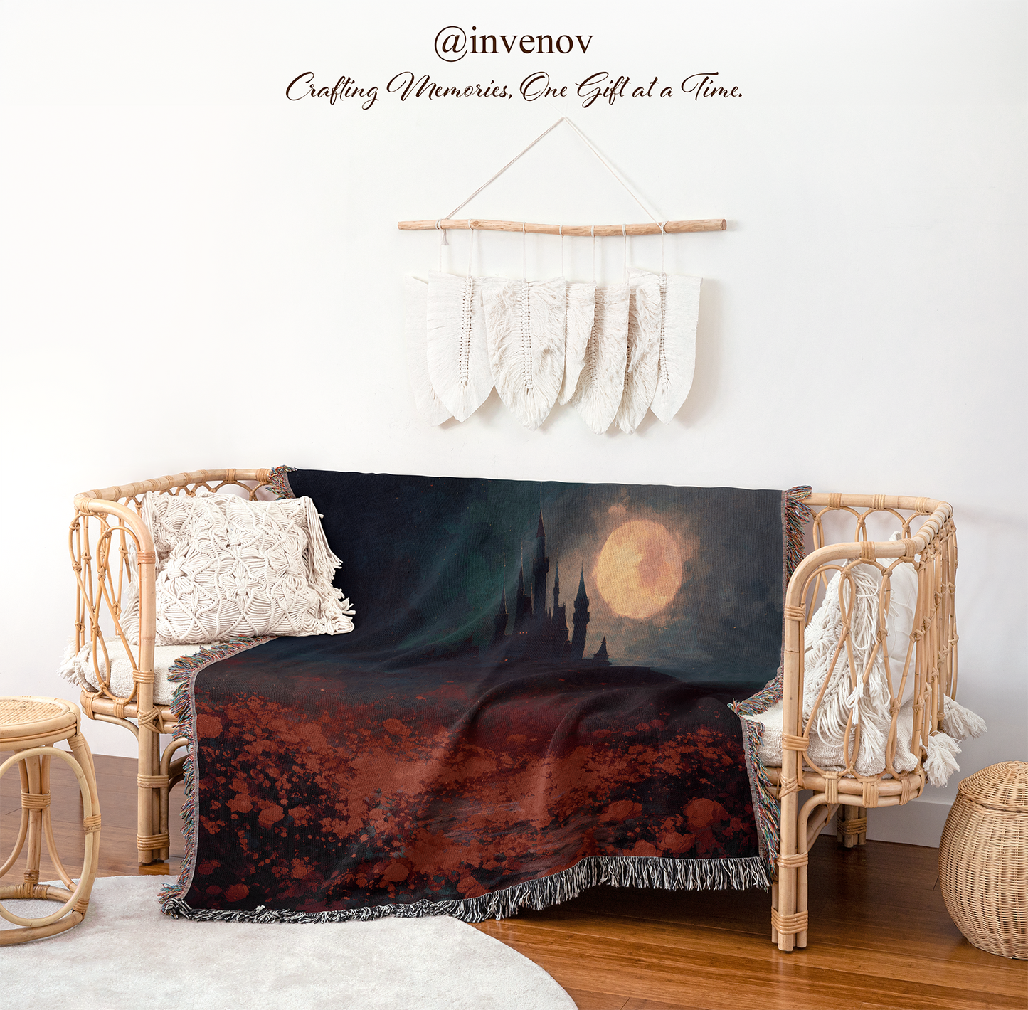 woven blanket with castle graphic designs