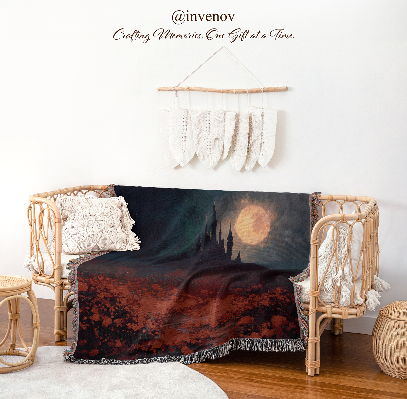 woven blanket with castle graphic designs
