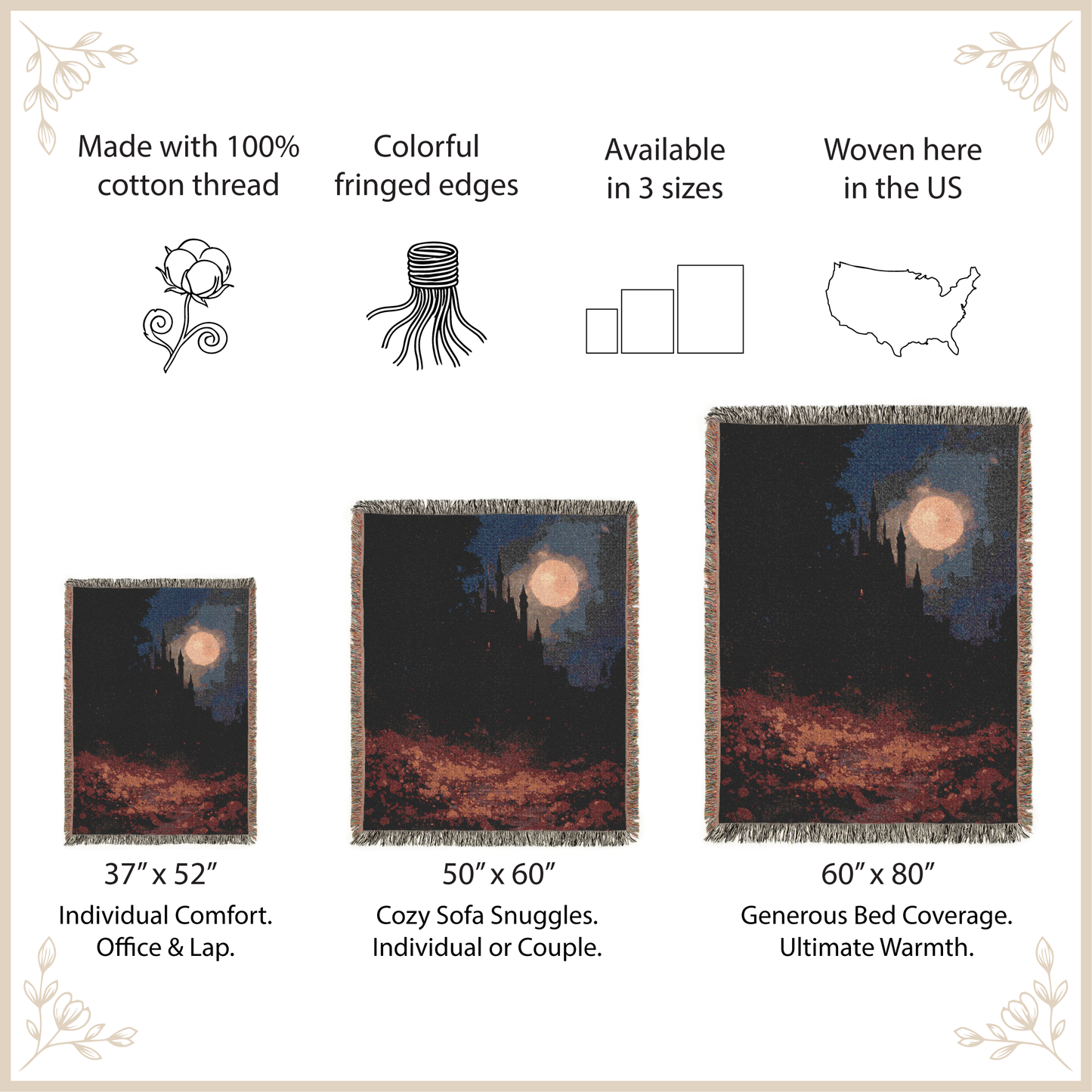 Three sizes of woven blankets with moon and star designs, displayed with product details.