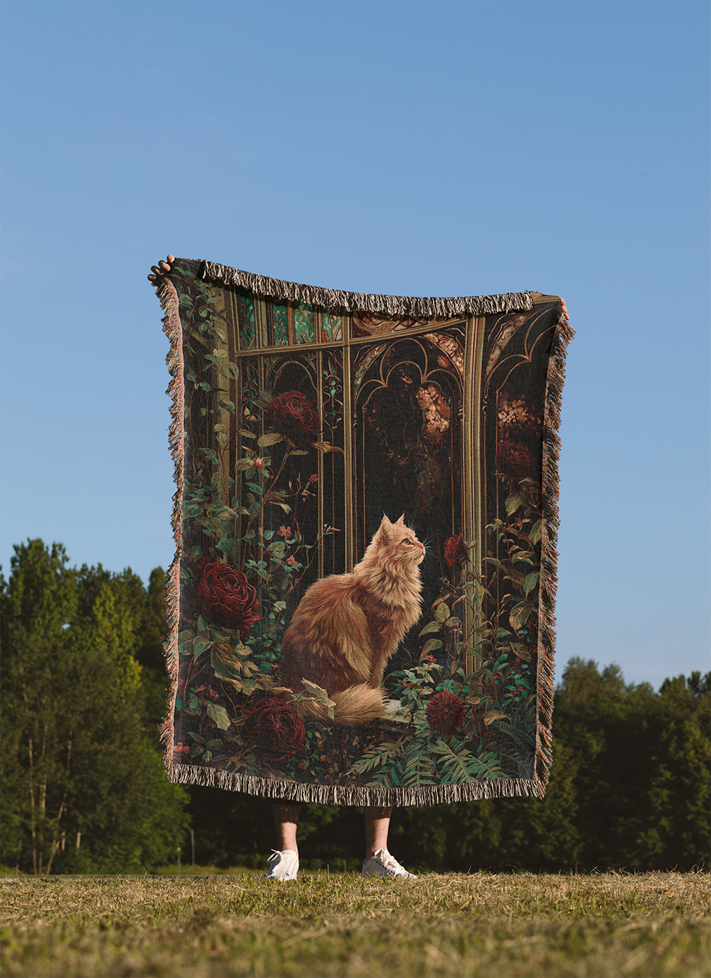 Gothic Cat Woven Blanket, Dark Academia Tapestry, Whimsigoth Botanical Jacquard Throw, Romantic Garden Window Wall Hanging, Cat Lover Gift